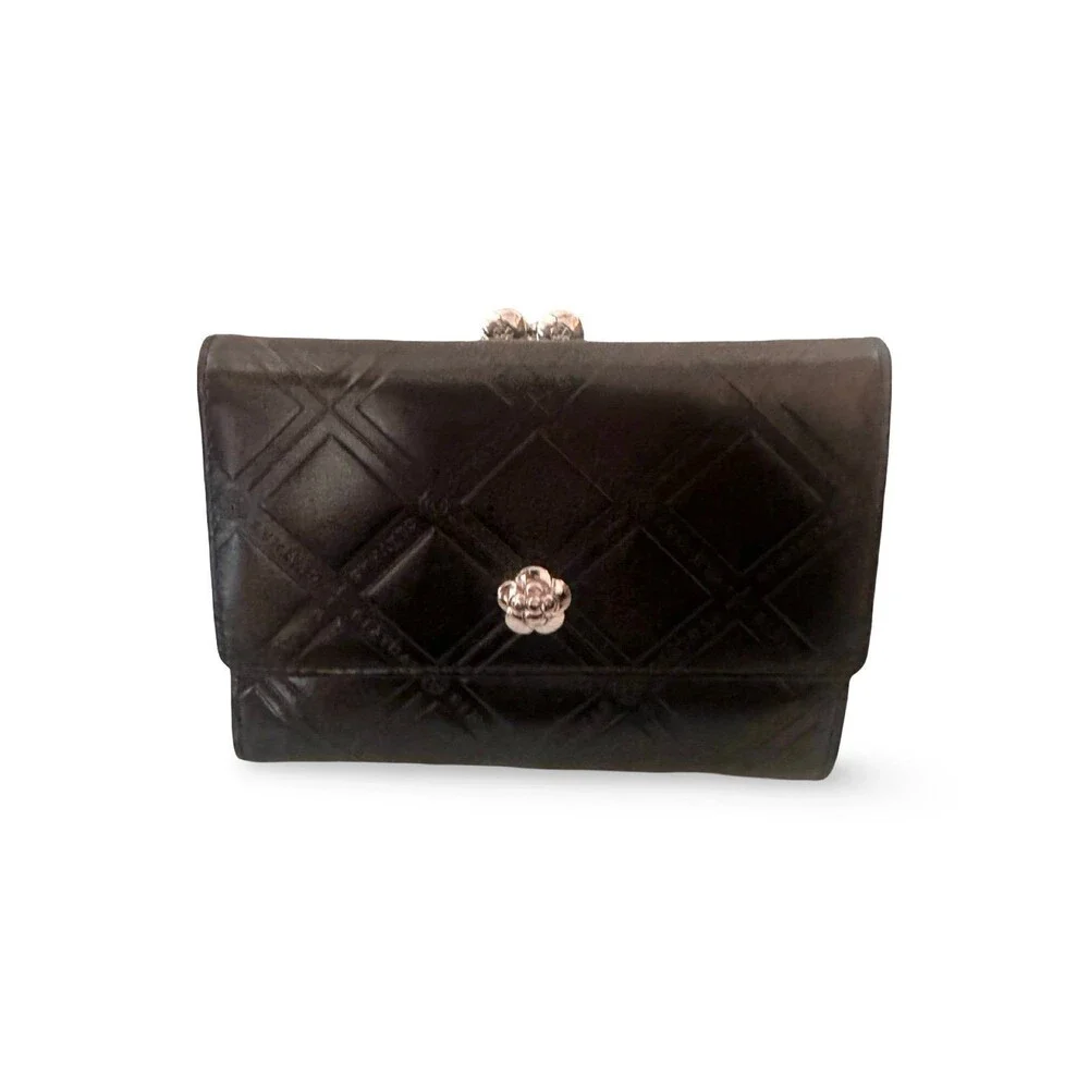 Authentic CLATHAS Black Quilted Leather Wallet with Camellia Emblem – Excellent